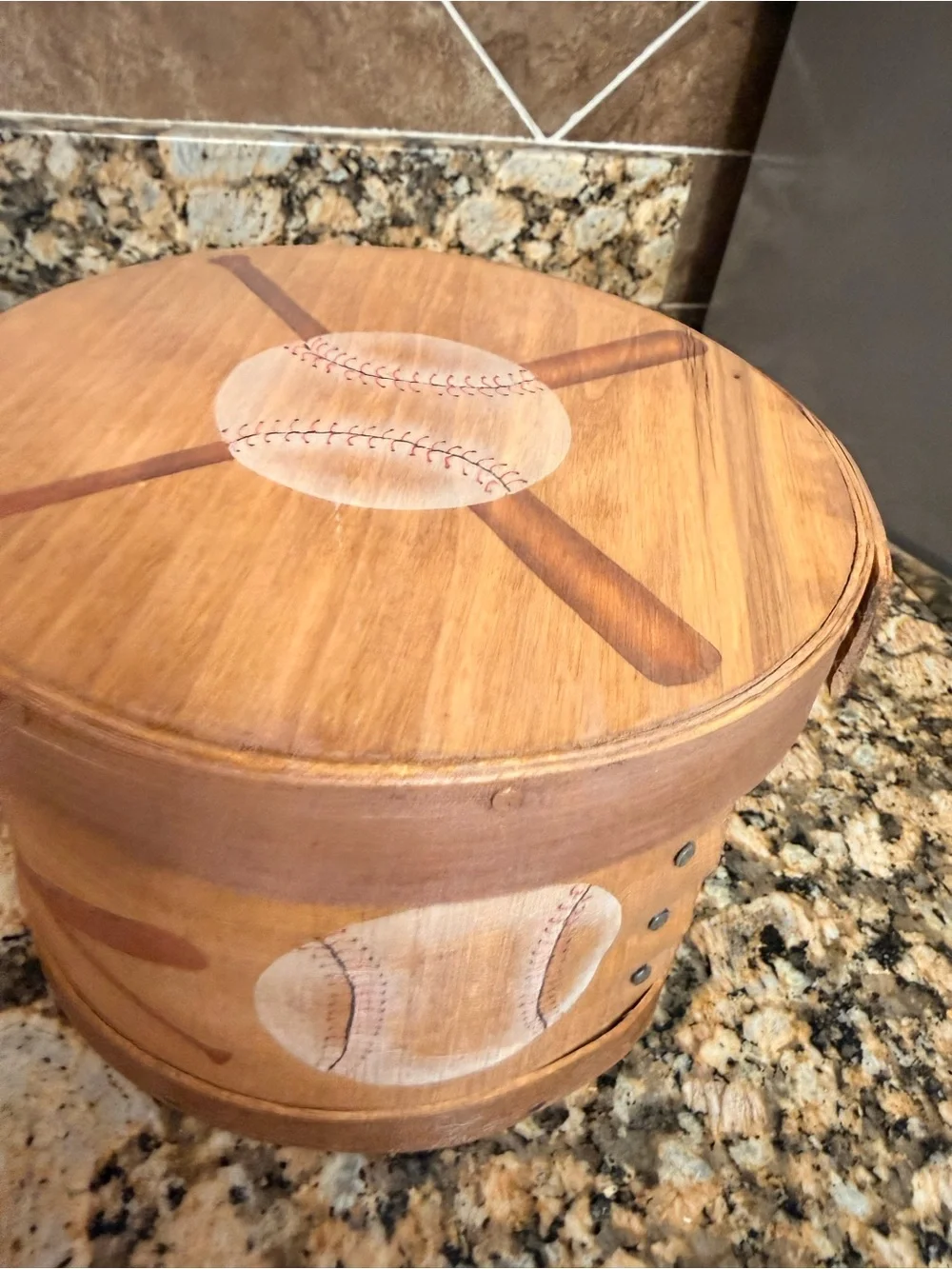 Wooden Baseball Themed Storage Box - Natural Brown